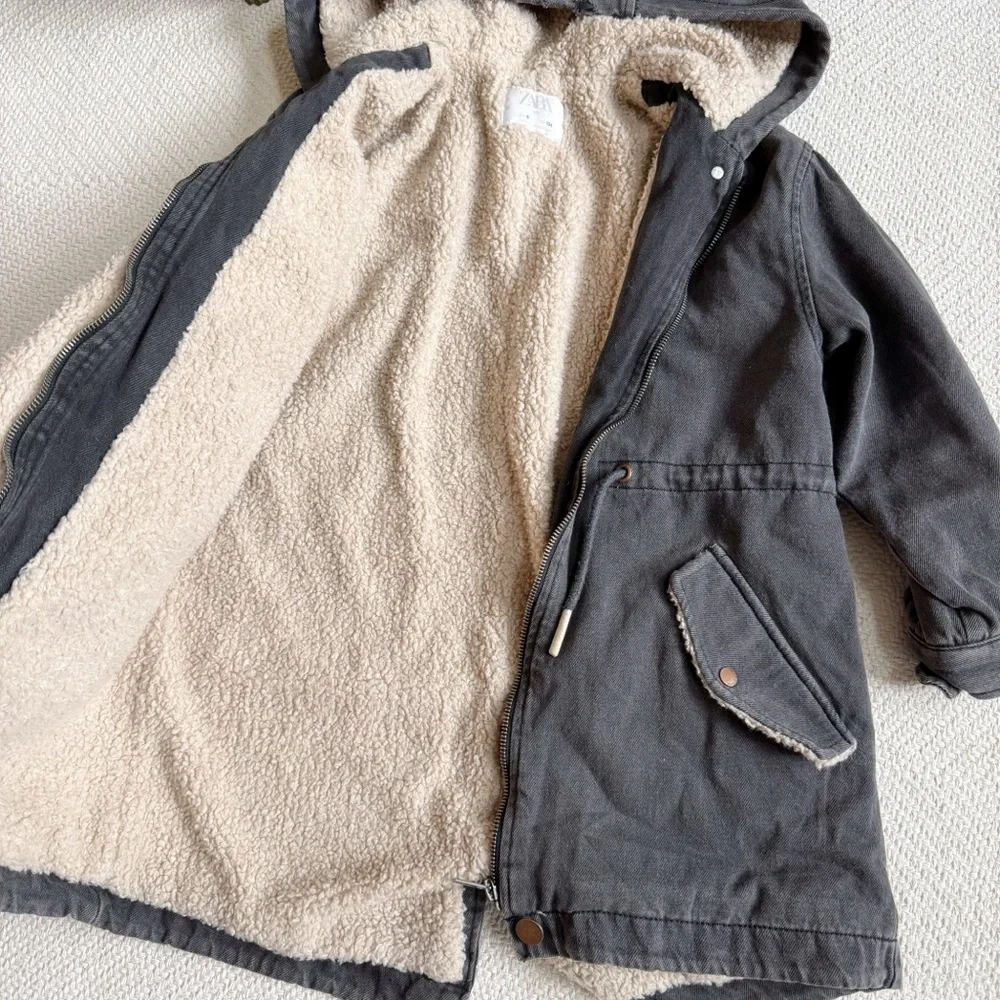 Zara Fleece Lined Black Denim Parka Coat